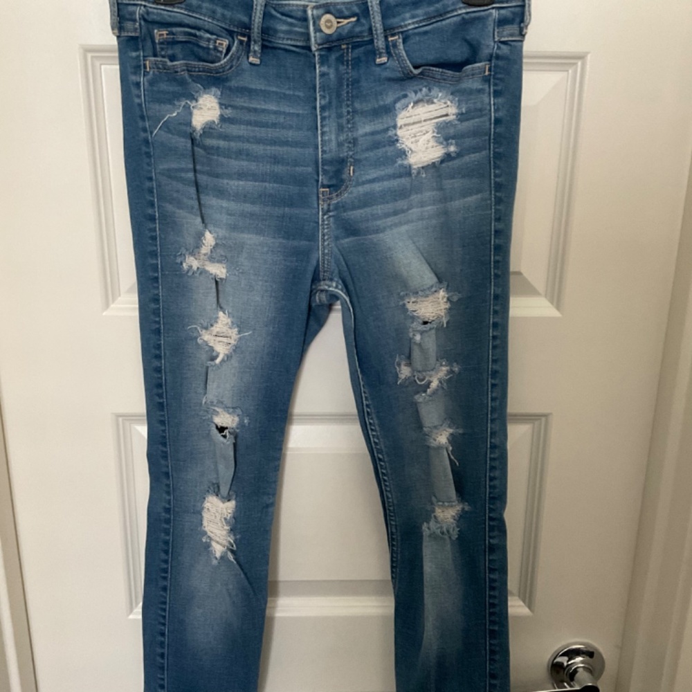 Hollister High Rise Super Skinny Distressed Jeans - Dark Wash - Size 5/27 - Picture 2 of 10